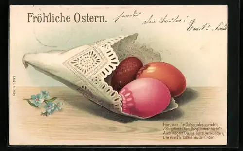 AK Fröhliche Ostern, Tüte voller bunter Ostereier