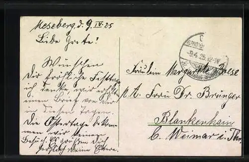 AK Osterhase springt aus einem Korb mit Vergissmeinnicht