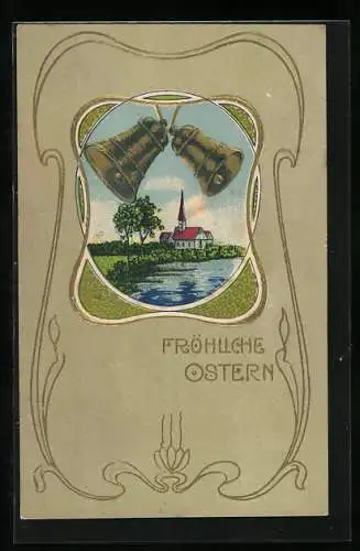 AK Fröhliche Ostern, Idyllische Landschaft mit Glocken im Passepartout