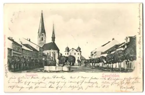 Relief-AK Leonfelden, Hauptplatz mit Brunnen und Kirche