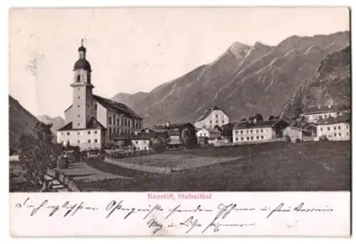 Relief-AK Neustift /Stubaithal, Ortschaft mit Kirche und Bergen