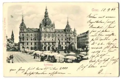 Relief-AK Graz, Rathhaus mit Marktplatz