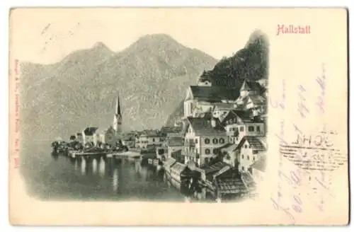 Relief-AK Hallstatt, Ortschaft am Berghang mit See