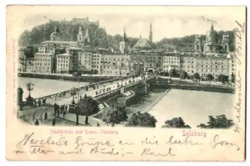 Relief-AK Salzburg, Stadtbrücke und Hohen-Salzburg