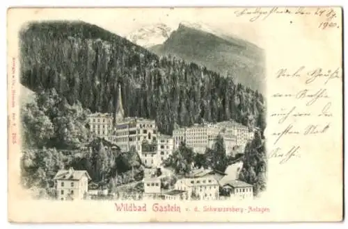 Relief-AK Wildbad Gastein, Ansicht von den Schwarzenberg-Anlagen