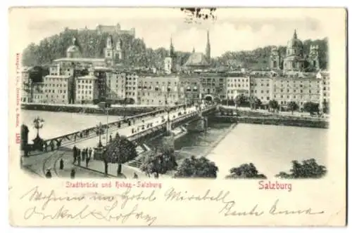 Relief-AK Salzburg, Stadtbrücke und Hohen-Salzburg