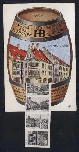 Künstler-AK Hans Boettcher: München, Hofbräuhaus, Leporello im Fass, Braunes Haus, Feldherrnhalle, Karlstor-Rondell