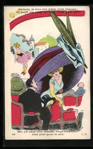 AK Dame mit übergrossem Hut versperrt einem Herrn die Sicht im Theater