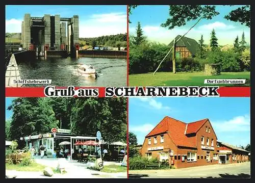 AK Scharnebeck, Gasthaus Rose der Fam. Perleberg, Echemer Str. 1, Schiffshebewerk, Dorfziehbrunnen