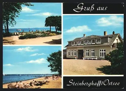 AK Steinberghaff /Ostsee, Hotel-Café, Promenade mit Meerblick, Strandleben