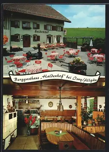 AK Isny /Allgäu, Das Berggasthaus Haldenhof mit Terrasse und urigem Speisesaal