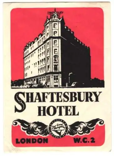 Kofferaufkleber London, Shaftesbury Hotel gegen einen roten Himmel