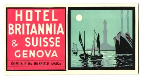 Kofferaufkleber Genova, Hotel Britannia & Suisse, Segelboote und Dampfer am Hafen