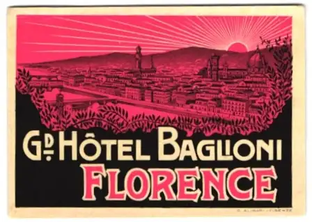 Kofferaufkleber Florence, Grand Hotel Baglioni, Ortsansicht im Sonnenuntergang