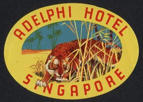 Kofferaufkleber Singapore, Adelphi Hotel, Tiger im hohen Gras