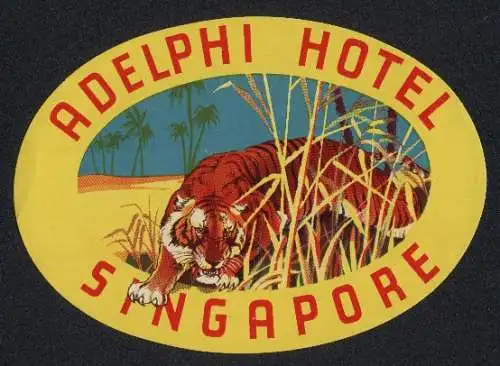 Kofferaufkleber Singapore, Adelphi Hotel, Ein kauernder Tiger