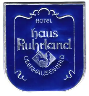 Kofferaufkleber Oberhausen /Rhld., Das Hotel Haus Ruhrland, Ortswappen