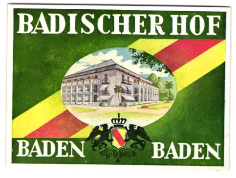 Kofferaufkleber Baden-Baden, Das Hotel Badischer Hof, badisches Wappen