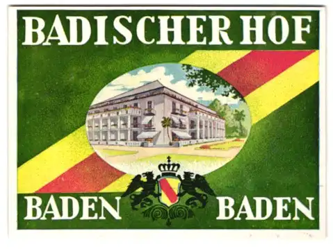 Kofferaufkleber Baden-Baden, Das Hotel Badischer Hof, badisches Wappen