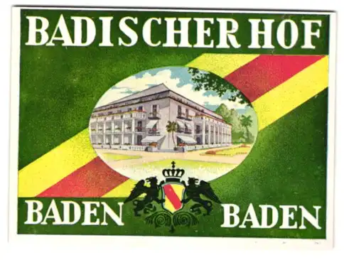 Kofferaufkleber Baden-Baden, Das Hotel Badischer Hof, badisches Wappen mit Greifen