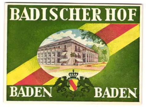 Kofferaufkleber Baden-Baden, Das Hotel Badischer Hof, badisches Wappen mit Greifen