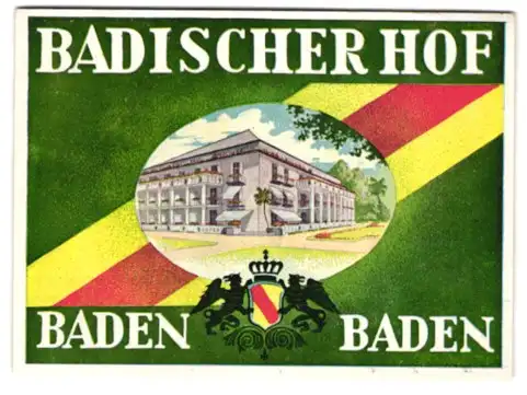 Kofferaufkleber Baden-Baden, Das Hotel Badischer Hof, badisches Wappen mit Greifen