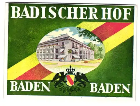 Kofferaufkleber Baden-Baden, Das Hotel Badischer Hof, badisches Wappen mit Greifen