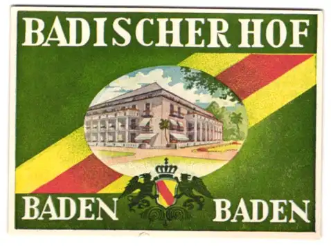 Kofferaufkleber Baden-Baden, Das Hotel Badischer Hof, badisches Wappen mit Greifen und Krone