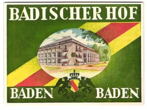 Kofferaufkleber Baden-Baden, Das Hotel Badischer Hof, grossherzoglich-badisches Wappen