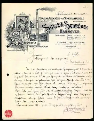 Rechnung Hannover 1909, Sulze & Schröder, Geschäft für Schornsteinbau, Industrieschornstein und Zwerg beim Bauen