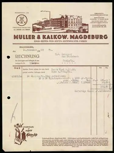 Rechnung Magdeburg 1932, Müller & Kalkow, Seifen-Fabrik, Fabrikansicht mit Betriebshof, Fabrikmarke Mühlen-Seife