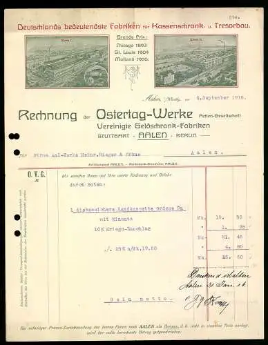 Rechnung Aalen /Württbg. 1915, Ostertag-Werke AG, Vereinigte Geldschrank-Fabriken, Ansicht der zwei Werke