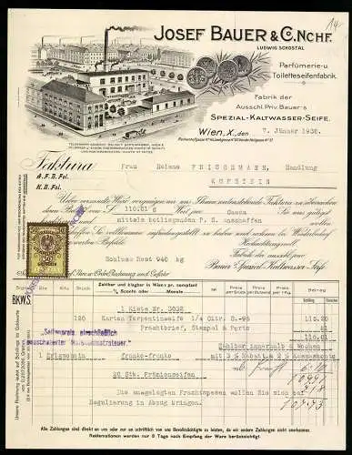 Rechnung Wien 1930, Josef Bauer & Co. Nchf., Parfümerie- und Seifen-Fabrik, Betriebsgelände und Messe-Medaillen