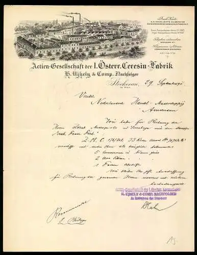 Rechnung Stockerau 1911, H. Ujhely & Comp. Nachfolger, AG der I. Österreichischen Ceresin-Fabrik, Das Betriebsgelände