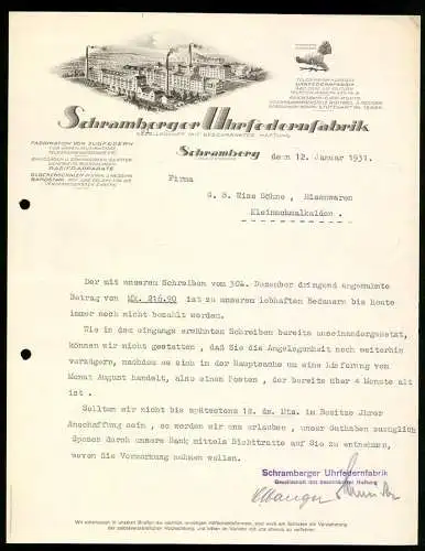 Rechnung Schramberg 1931, Schramberger Uhrfedernfabrik GmbH, Gesamtansicht der Betriebsanlage, Schutzmarke Auerhahn