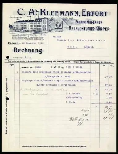 Rechnung Erfurt 1912, C. A. Kleemann, Fabrik moderner Beleuchtungs-Körper, Ansicht des Firmengebäudes