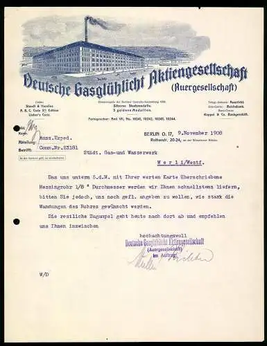 Rechnung Berlin 1908, Deutsche Gasglühlicht AG, Betriebsgebäude an der Rotherstrasse, Bahnstation Warschauer Brücke