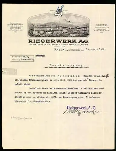 Rechnung Aalen in Württemberg 1923, Riegerwerk AG, Fabrik Hauswirtschaftlicher Maschinen, Gesamtansicht des Werkes