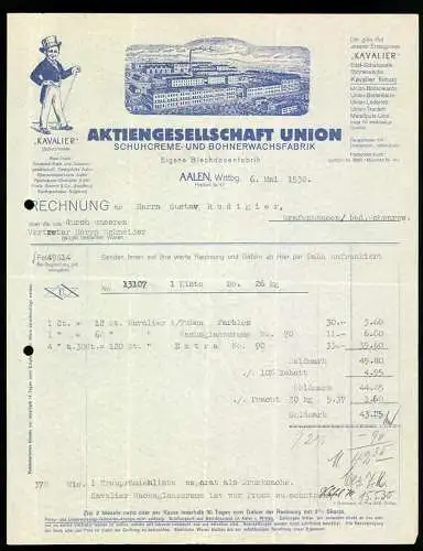 Rechnung Aalen /Wrttbg., Aktiengesellschaft Union, Schuhcreme- & Bohnerwachsfabrik, Werksansicht, Schutzmarke Kavalier