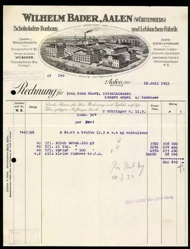 Rechnung Aalen 1923, Wilhelm Bader, Schokoladen-Bonbons- & Lebkuchen-Fabrik, Gesamtansicht der Betriebsanlage