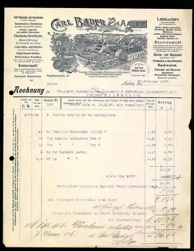 Rechnung Aalen 1906, Carl Bader, Chocoladen-, Lebkuchen- & Zuckerwaren-Fabrik, Das Werk und Messe-Medaillen