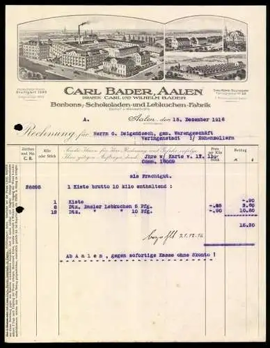 Rechnung Aalen 1916, Carl Bader, Bonbons-, Schokoladen-, Lebkuchen-Fabrik, Das Werk und Zweigstellen