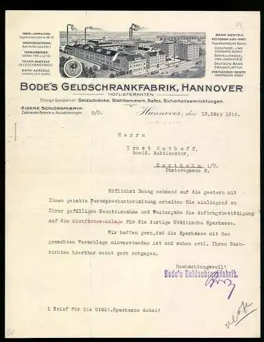 Rechnung Hannover 1916, Bode`s Geldschrankfabrik, Gesamtansicht des Betriebs, Schutzmarke