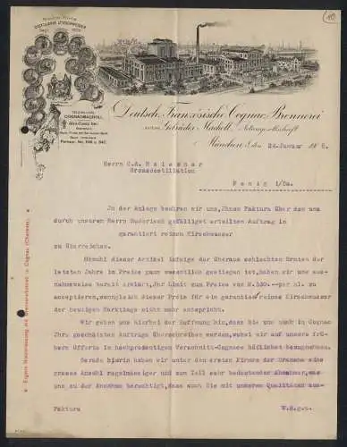 Rechnung München 1908, Deutsch-Französische Cognac-Brennerei AG, Das Firmengelände und Messe-Medaillen