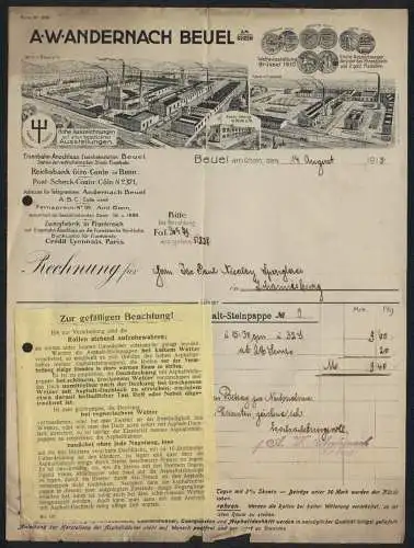 Rechnung Beuel am Rhein 1915, Firma A. W. Andernach, Das Hauptwerk und die Fabrikanlage in Frankreich