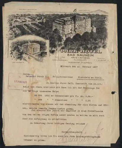 Rechnung Bad Nauheim 1927, Das Park Hotel v. C. Hilbert, Nord- und Südansicht, die neuen Trinkerhallen