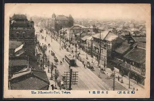 AK Tokyo, The Nihonbashi-Tori, Strassenbahn