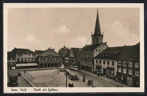 AK Unna /Westf., Markt mit Rathaus und Strassenbahn