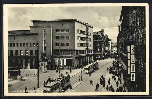 AK Essen, Gasthaus Münchener Löwenbräu am platz mit Strassenbahn