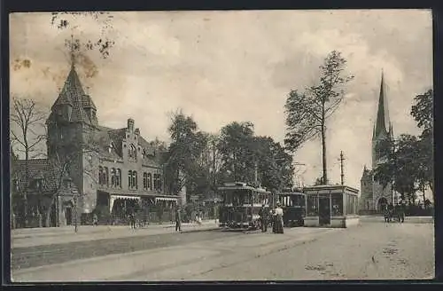 AK Hannover, Gasthaus, Pferdethurm & Petrikirche, Strassenbahn